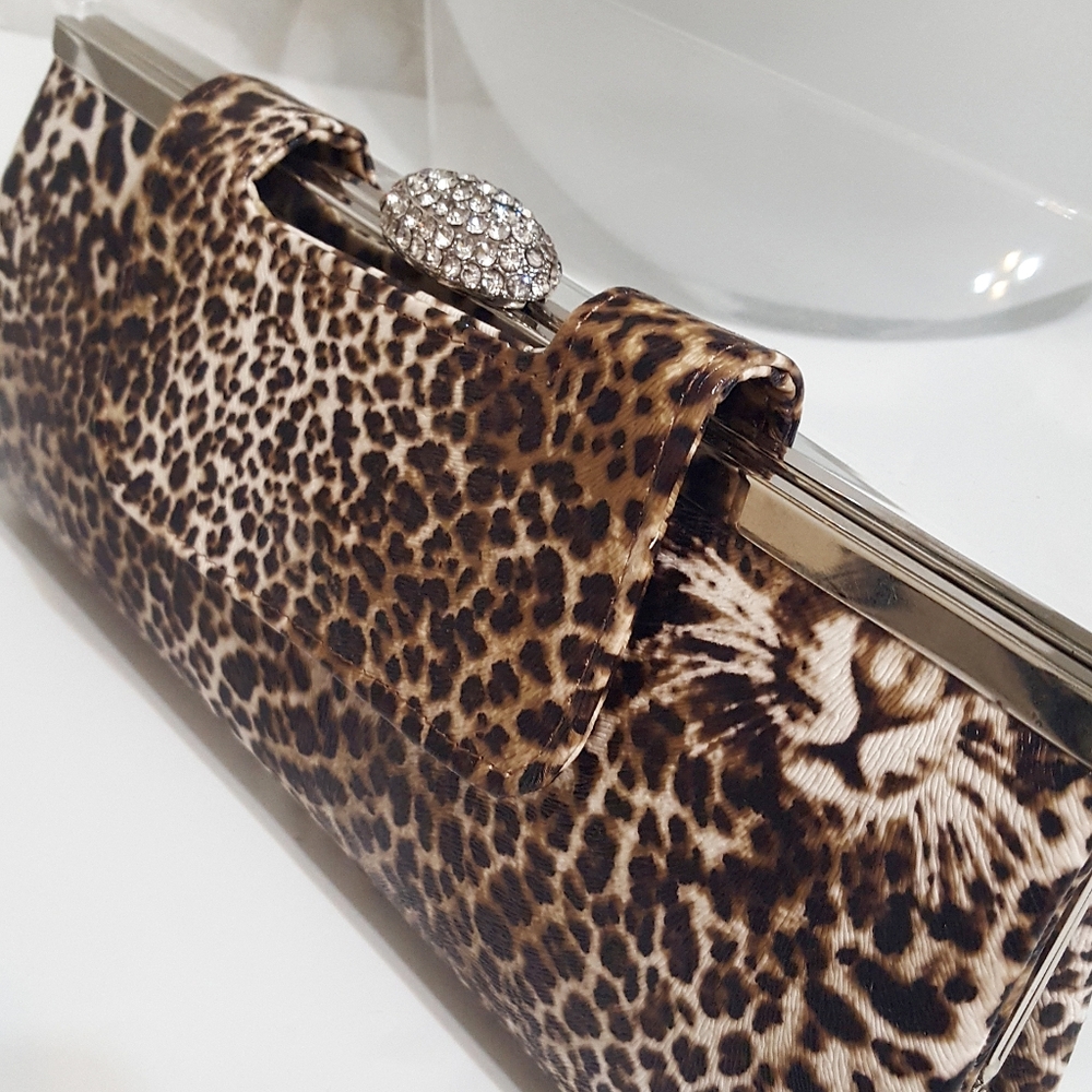 90's-Y2K🔖Brown Leopard Clutch🍂Rhinestone Clip|Silver Top
